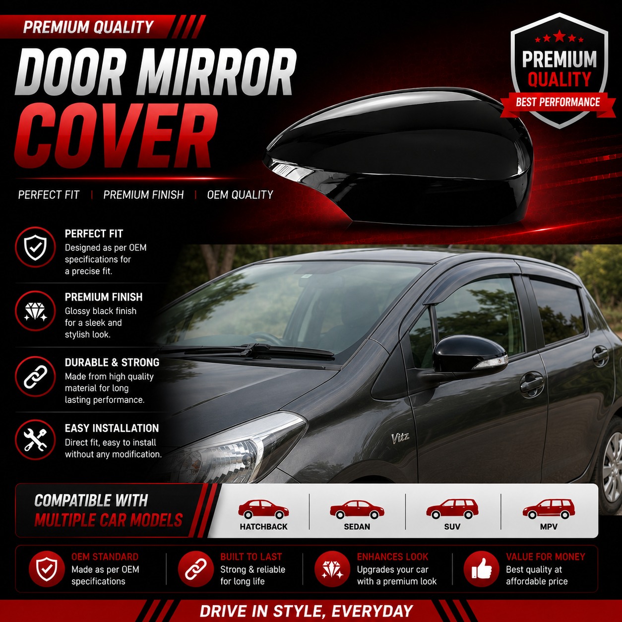 Toyota Vitz Side Mirror Cover 2012 to 2023 1 pcs price Toyota Vitz Side Mirror Cover 2012 to 2023 1 pcs price - Image 1